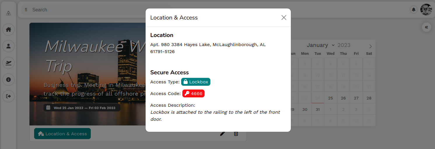 Screenshot of the location and access module which displays details to access the home securely, such as a lockbox code.